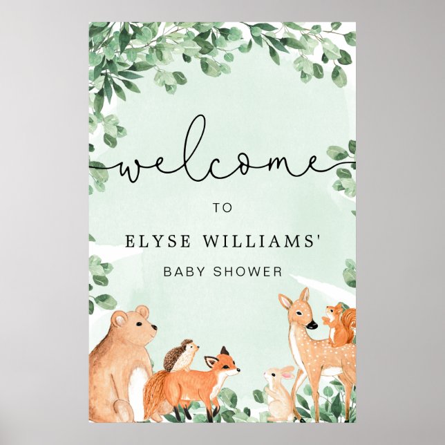 Woodland Animals Green Welcome Sign Poster (Front)