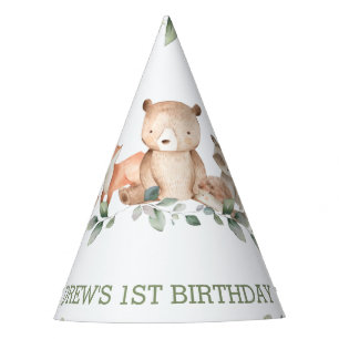 Woodland Animals Greenery 1st Birthday Boy Girl Party Hat
