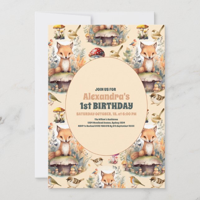 Woodland Animals Greenery 1st Birthday Invitation (Front)