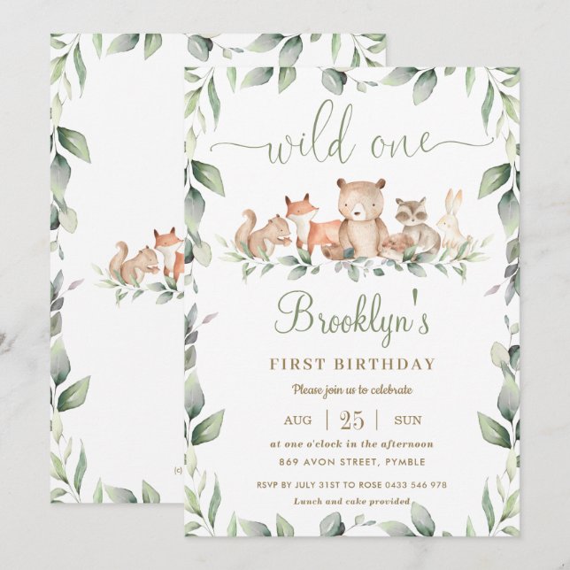 Woodland Animals Greenery 1st Birthday Wild One Invitation (Front/Back)