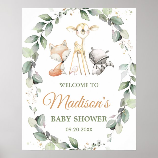 Woodland Animals Greenery Baby Shower Welcome Sign (Front)