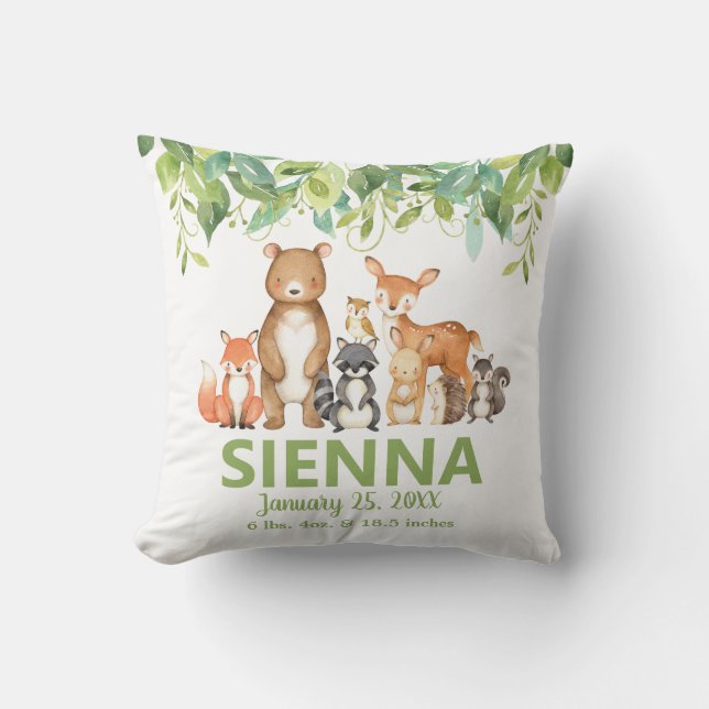 Woodland Animals Greenery Birth Stats Room Decor Throw Pillow (Front)