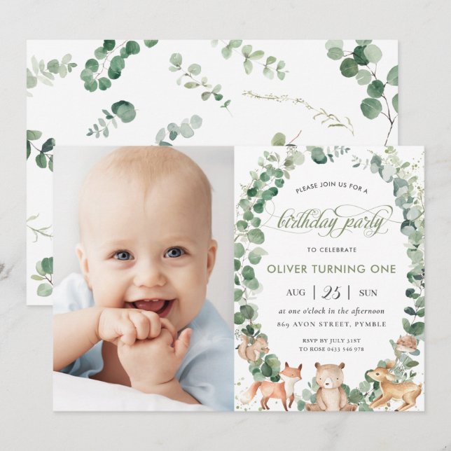 Woodland Animals Greenery Birthday Party Photo  Invitation (Front/Back)