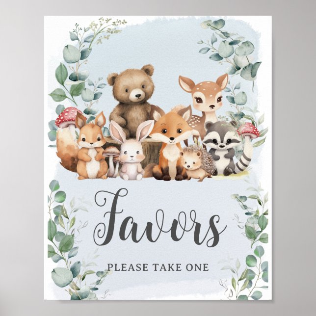 Woodland Animals Greenery Boy Baby Shower Favours Poster (Front)