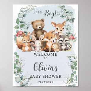 Woodland Animals Greenery Boy Baby Shower Welcome Poster