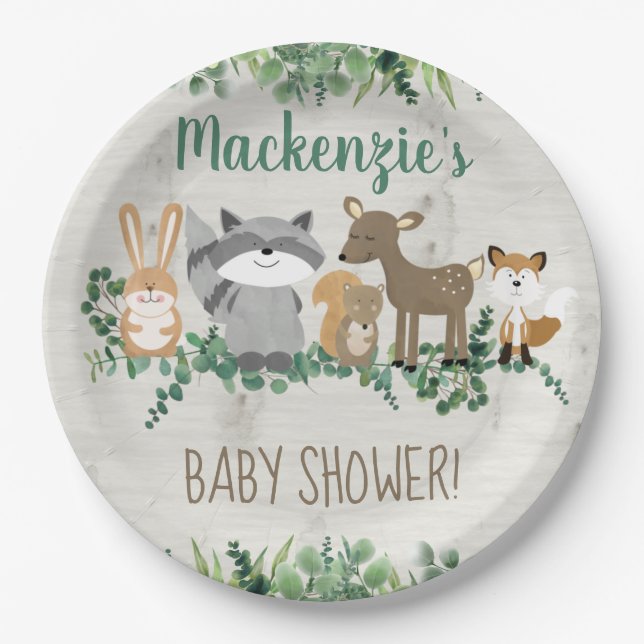 Woodland Animals Greenery Cute Baby Shower  Paper Plate (Front)