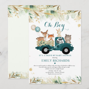 Woodland Animals Greenery Drive By Baby Shower Invitation