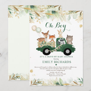Woodland Animals Greenery Drive By Baby Shower Invitation