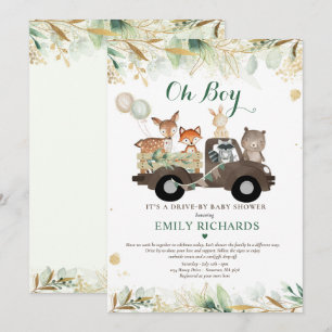 Woodland Animals Greenery Drive By Baby Shower Invitation