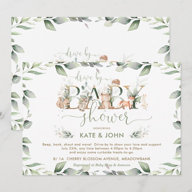 Woodland Animals Greenery Drive By Baby Shower Invitation (Front/Back)