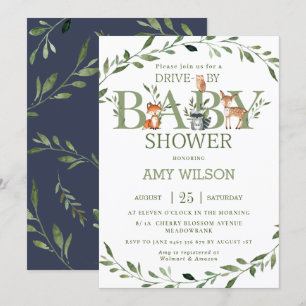 Woodland Animals Greenery Drive By Baby Shower Invitation
