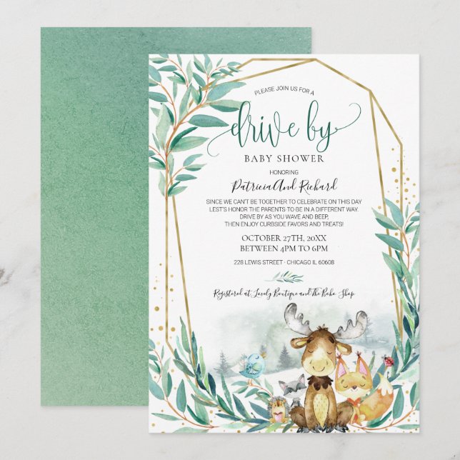 Woodland Animals Greenery Drive By Baby Shower Invitation (Front/Back)