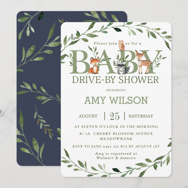 Woodland Animals Greenery Drive By Baby Shower Invitation (Front/Back)
