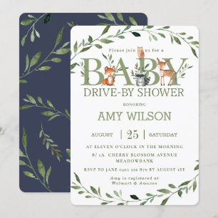 Woodland Animals Greenery Drive By Baby Shower Invitation