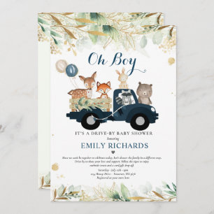 Woodland Animals Greenery Drive By Baby Shower Invitation