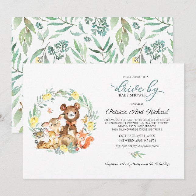 Woodland Animals Greenery Drive By Baby Shower Invitation (Front/Back)