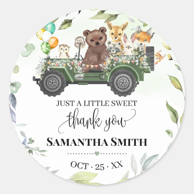Woodland Animals Greenery Forest Baby Shower favou Classic Round Sticker (Front)