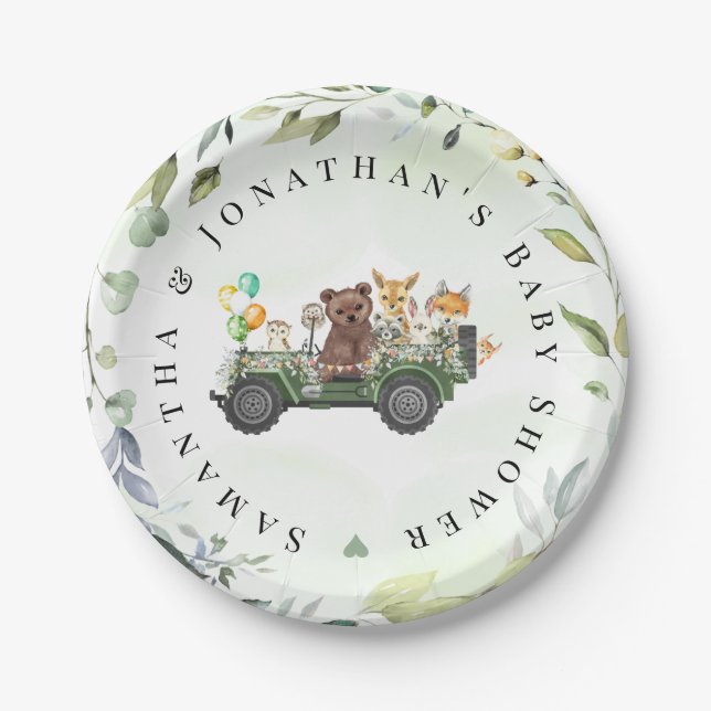 Woodland Animals Greenery Forest Baby Shower Paper Plate (Front)