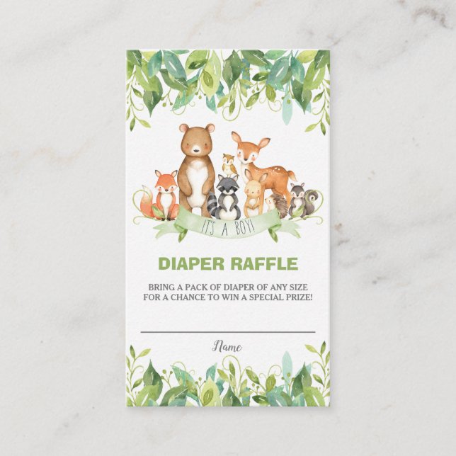 Woodland Animals Greenery Forest Boy Diaper Raffle Enclosure Card (Front)