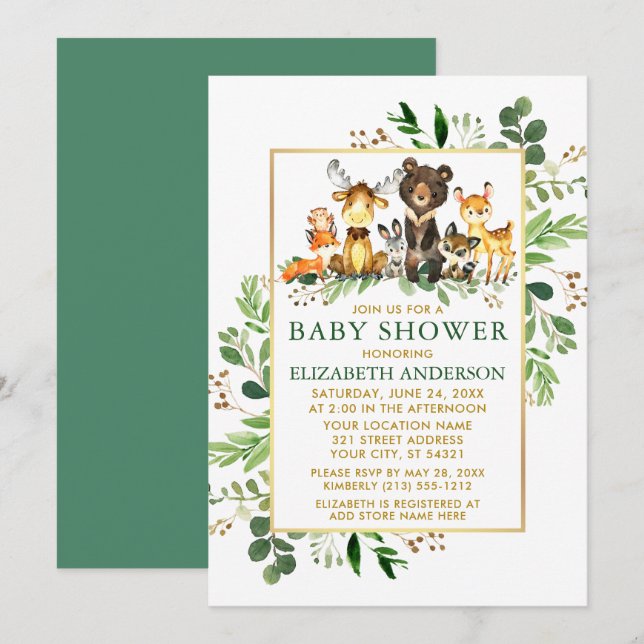 Woodland Animals Greenery Gold Baby Shower Invitation (Front/Back)