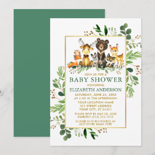 Woodland Animals Greenery Gold Baby Shower Invitation