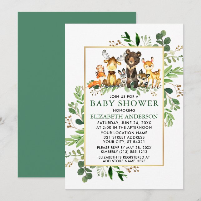 Woodland Animals Greenery Gold Frame Baby Shower Invitation (Front/Back)