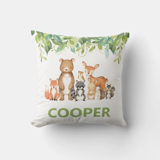 Woodland Animals Greenery Kids Nursery Room Decor Throw Pillow (Front)