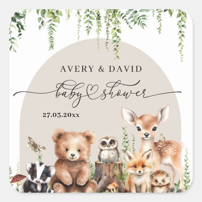 Woodland Animals Greenery Mushroom Baby Shower Square Sticker (Front)