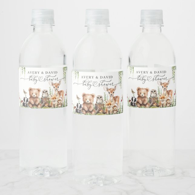 Woodland Animals Greenery Mushroom Baby Shower Water Bottle Label (Bottles)