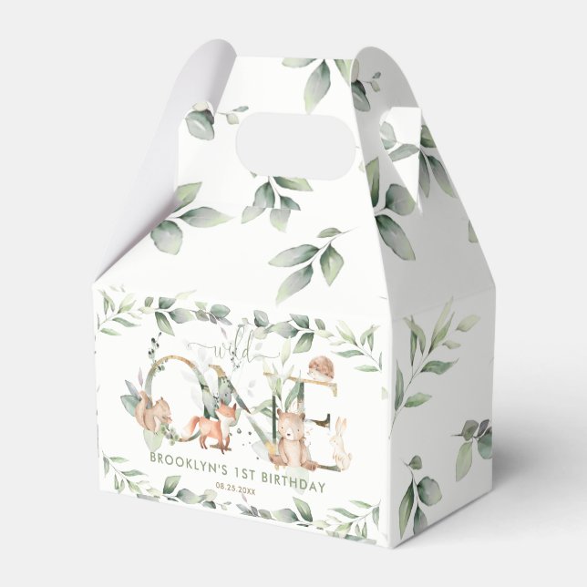 Woodland Animals Greenery Neutral 1st Birthday Favor Box (Front Side)