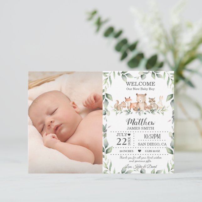 Woodland Animals Greenery New Baby Boy Photo Birth Announcement (Standing Front)