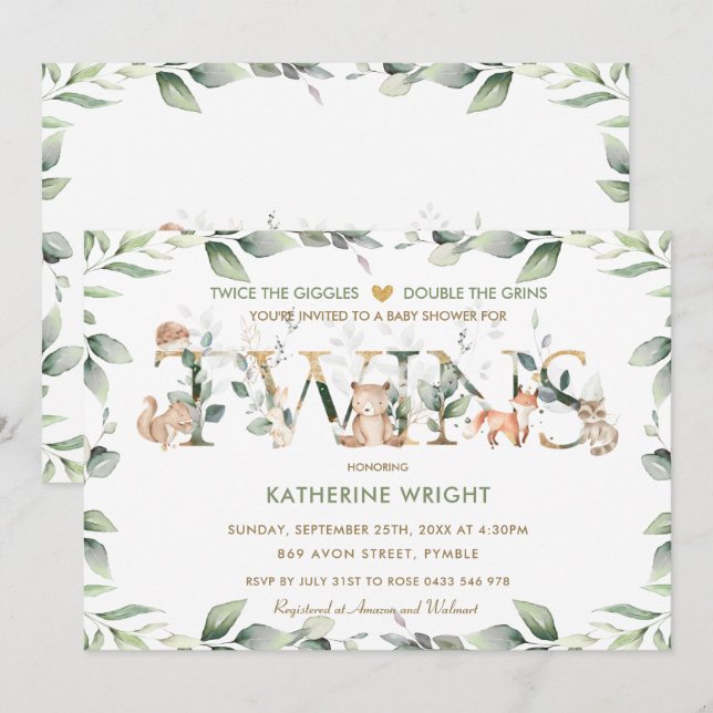 Woodland Animals Greenery Twin Neutral Baby Shower Invitation (Front/Back)