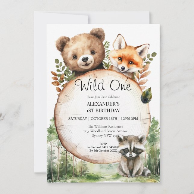 Woodland Animals Greenery Wild One 1st Birthday Invitation (Front)