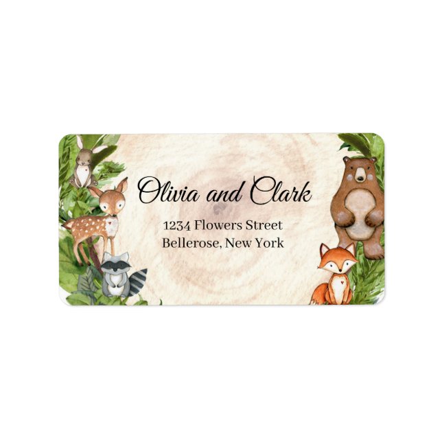 Woodland animals greenery wooden slice label (Front)