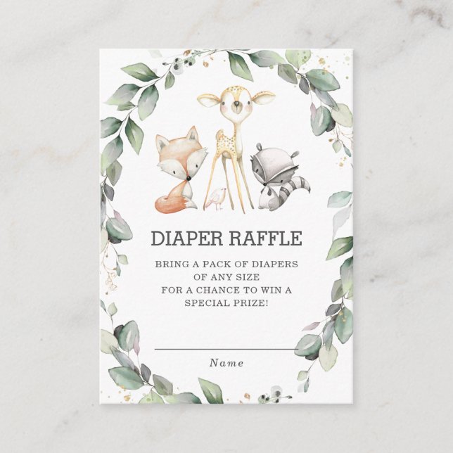 Woodland Animals Greenery Wreath Diaper Raffle Enclosure Card (Front)