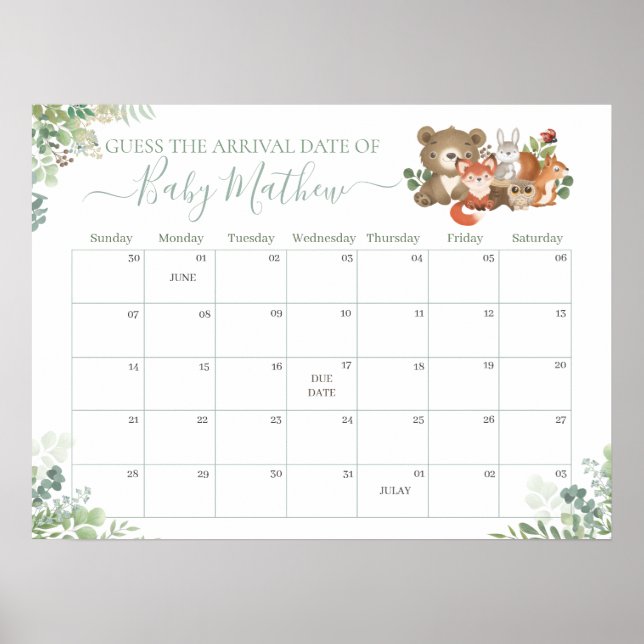 Woodland Animals Guess Baby's Arrival Birth Game Poster (Front)