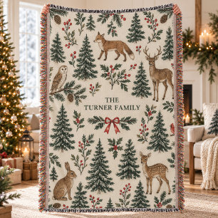 Woodland Animals Heritage Forest Botanical Holiday Throw Blanket