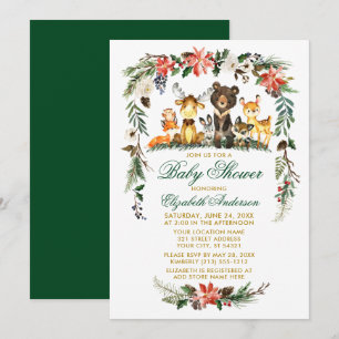 Woodland Animals Holiday Baby Shower Green Gold Invitation