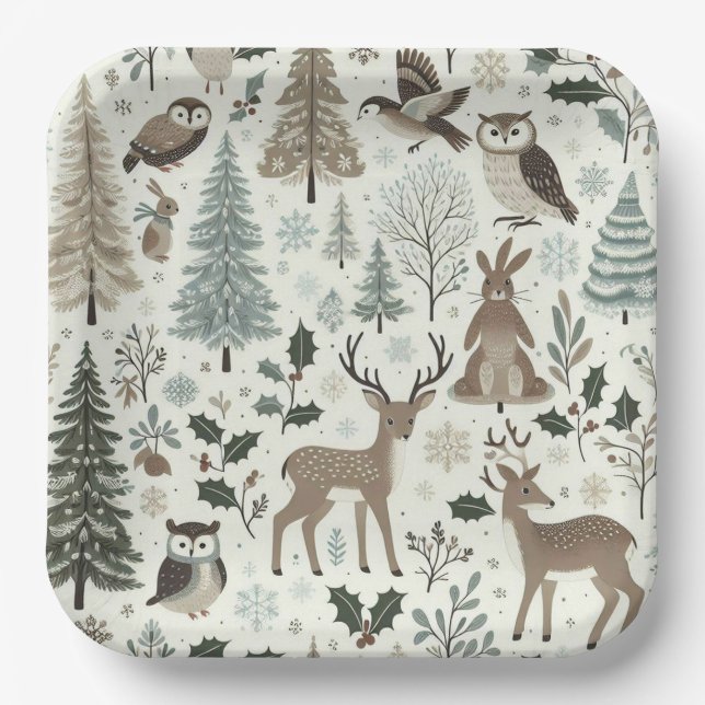 Woodland Animals Holiday Paper Plate (Front)
