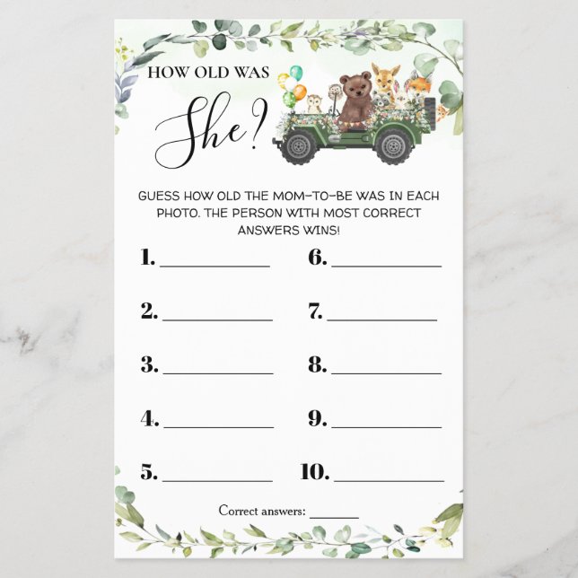 Woodland Animals How old was She Baby Shower Card (Front)