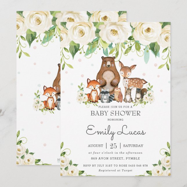 Woodland Animals Ivory White Floral Baby Shower Invitation (Front/Back)
