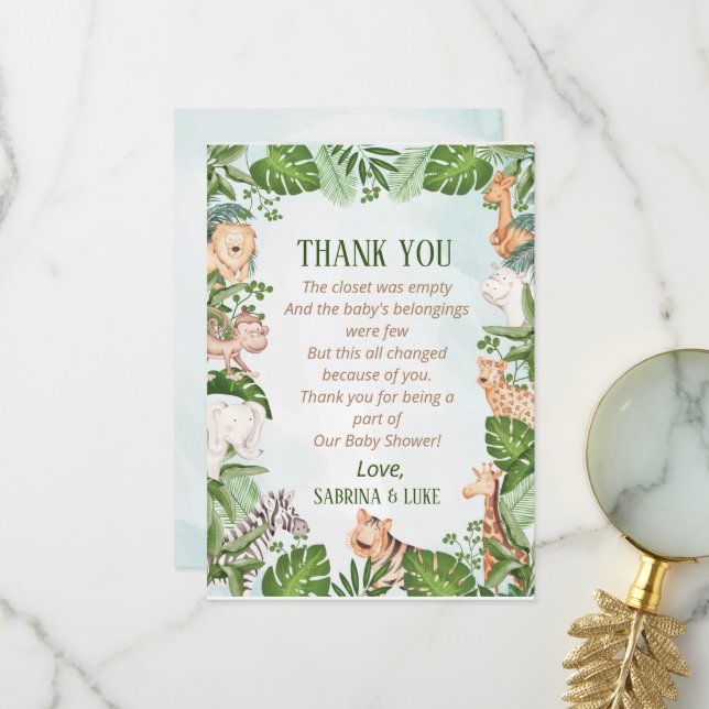 Woodland Animals Jungle Greenery Baby Shower  Thank You Card (Front/Back In Situ)
