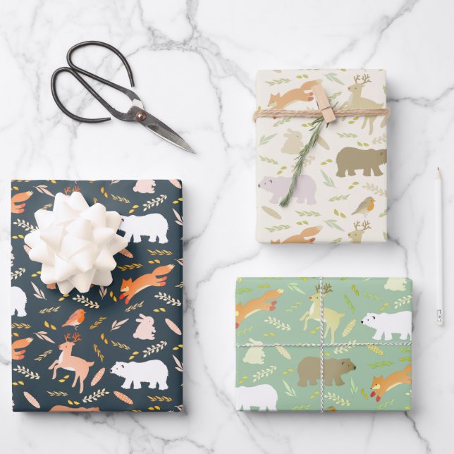 Woodland Animals & Leaf Pattern Wrapping Paper Sheet (Front)