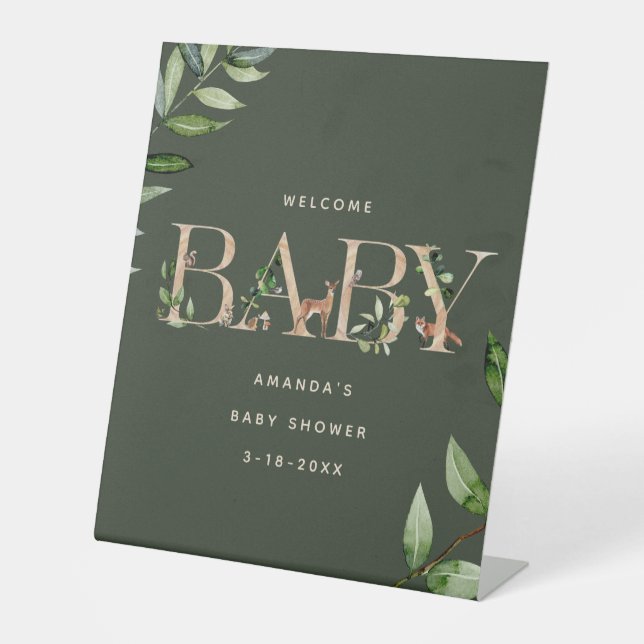Woodland Animals Lettering Baby Shower Welcome Pedestal Sign (Front)