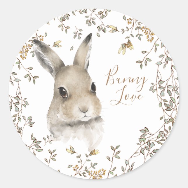 Woodland Animals Love Bunny Floral Script Classic Round Sticker (Front)