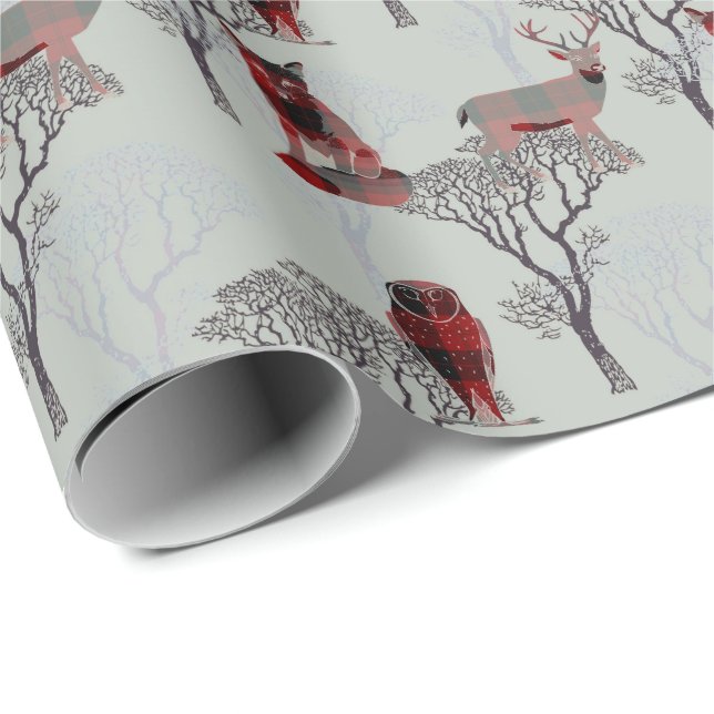 Woodland Animals Lumberjack Buffalo Plaid Wrapping Paper (Roll Corner)