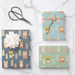 Woodland Animals Mask Tree Pattern Holiday Wrapping Paper Sheet