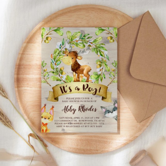 Woodland Animals Moose Fox Raccoon Baby Shower Invitation (Creator Uploaded)