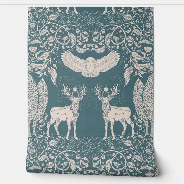 Woodland Animals Mythology Green Blue Wallpaper (Unrolling)