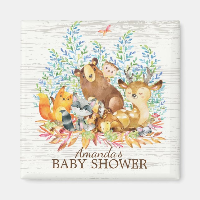 Woodland Animals Neutral Baby Shower Favour Magnet (Front)